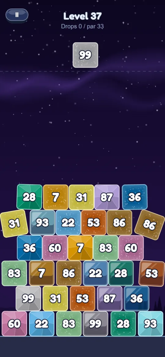 A campaign level: a tall stack of numbered glass tiles